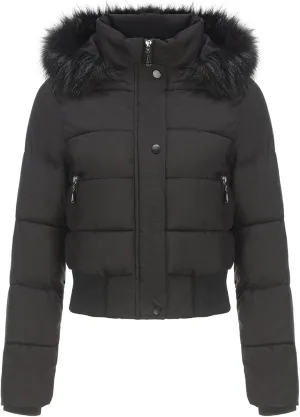 JOAU Women's Cotton Padded Puffer Jackets Zip Up Quilted Down Outwear Winter Warm Detachable Fur Hooded Pockets Short Coats