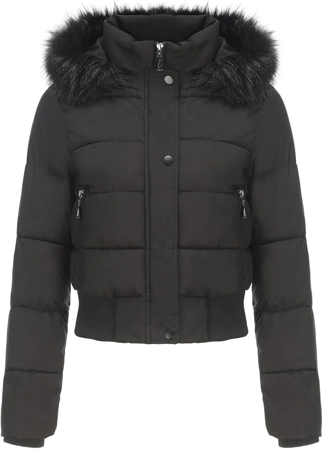 JOAU Women's Cotton Padded Puffer Jackets Zip Up Quilted Down Outwear Winter Warm Detachable Fur Hooded Pockets Short Coats