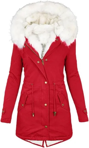 jsaierl Womens Winter Long Padded Coats with Fur Hood Fleece Lined Puffer Jacket Zipper Button Outerwear Thicken Warm Parka