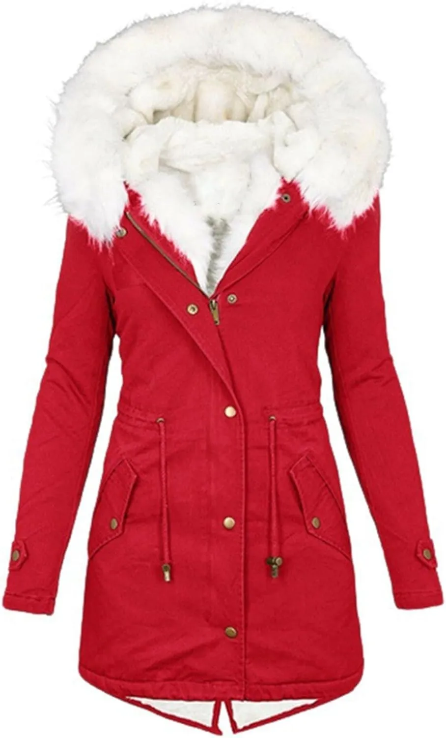 jsaierl Womens Winter Long Padded Coats with Fur Hood Fleece Lined Puffer Jacket Zipper Button Outerwear Thicken Warm Parka