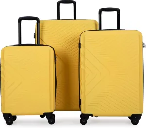 Kangmusi 3 Piece Luggage Sets ABS Lightweight Suitcase with Two Hooks, Spinner Wheels, TSA Lock, (20/24/28), Yellow