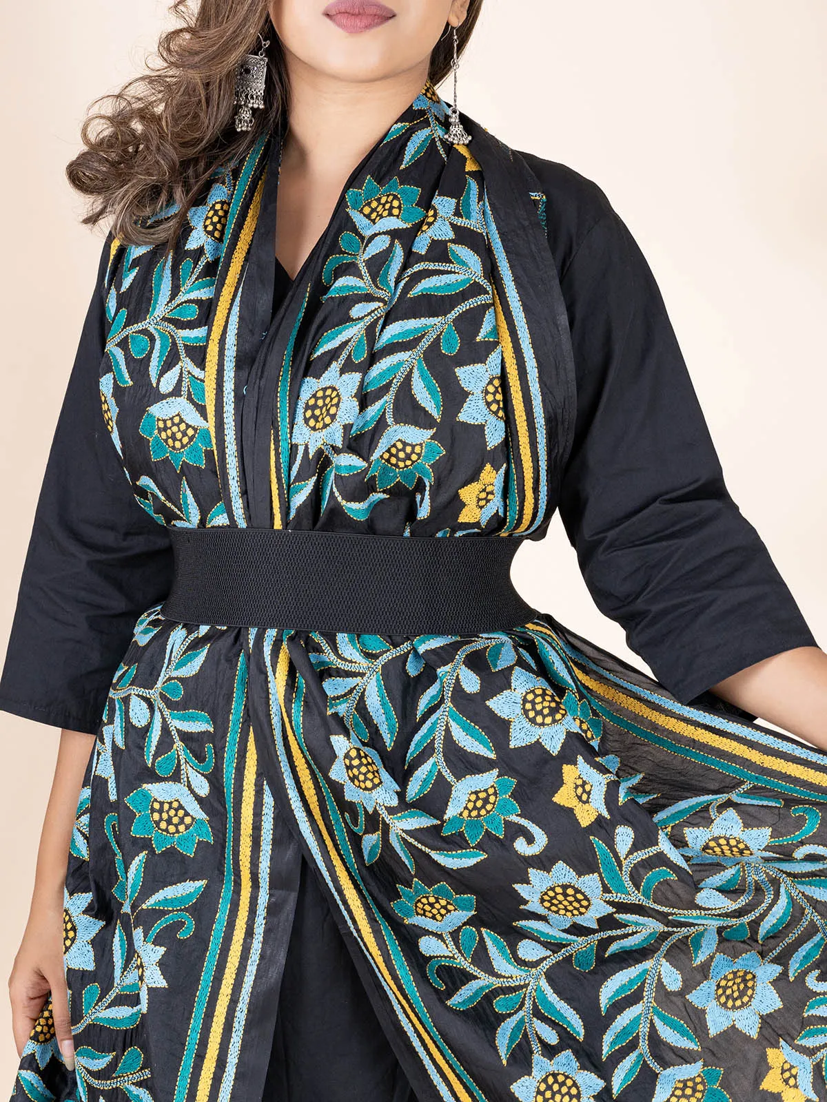 Katha Embroidery Floral Stole Black Blue