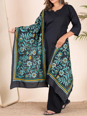 Katha Embroidery Floral Stole Black Blue