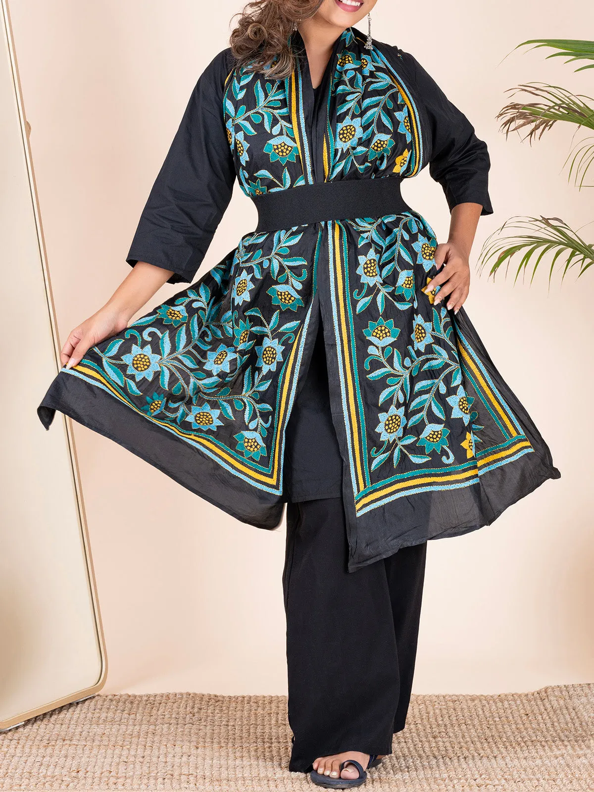 Katha Embroidery Floral Stole Black Blue