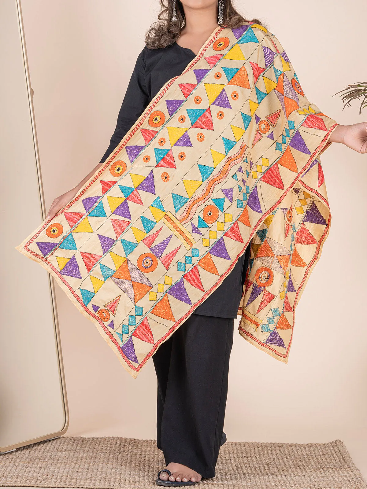 Katha Embroidery Floral Stole Multicolour