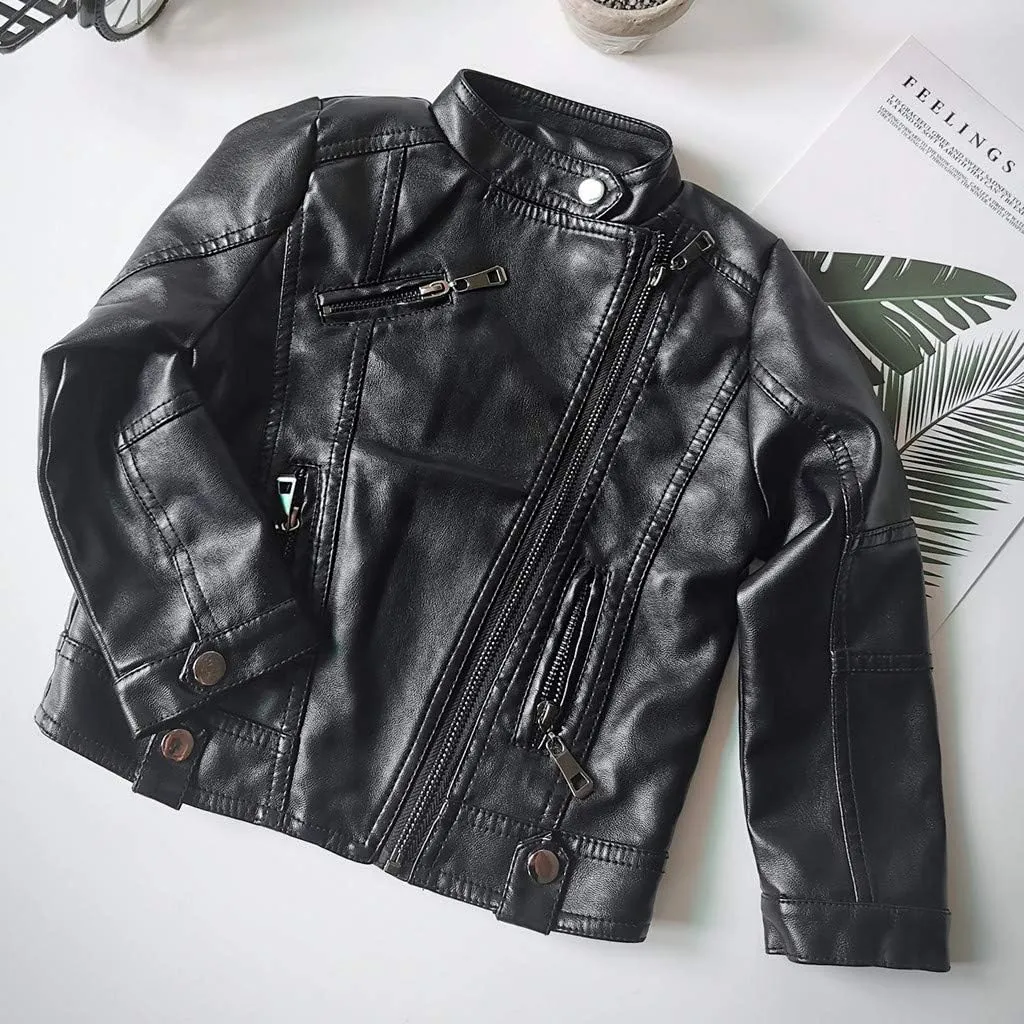 Kids Toddler Baby Boys Girls Faux Leather Jacket Coat Long Sleeve Zip Up Crop Motorcycle Outwear Fall Fashion Clothes