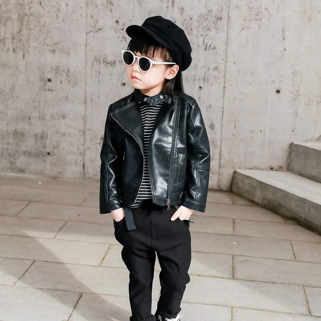 Kids Toddler Baby Boys Girls Faux Leather Jacket Coat Long Sleeve Zip Up Crop Motorcycle Outwear Fall Fashion Clothes