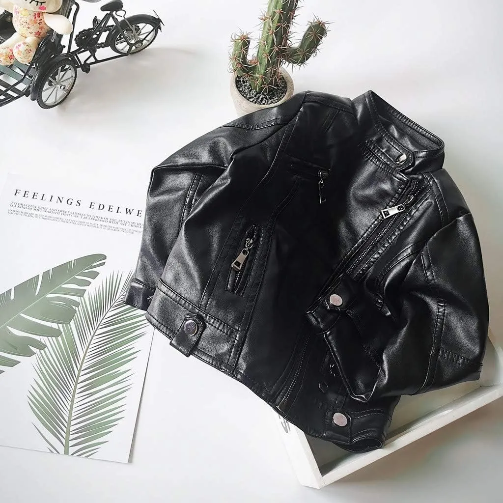 Kids Toddler Baby Boys Girls Faux Leather Jacket Coat Long Sleeve Zip Up Crop Motorcycle Outwear Fall Fashion Clothes