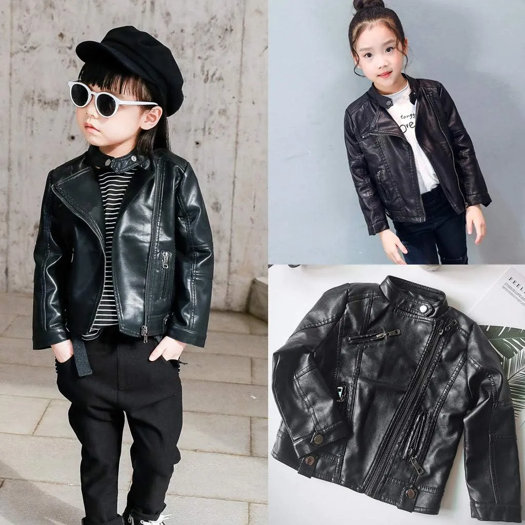 Kids Toddler Baby Boys Girls Faux Leather Jacket Coat Long Sleeve Zip Up Crop Motorcycle Outwear Fall Fashion Clothes
