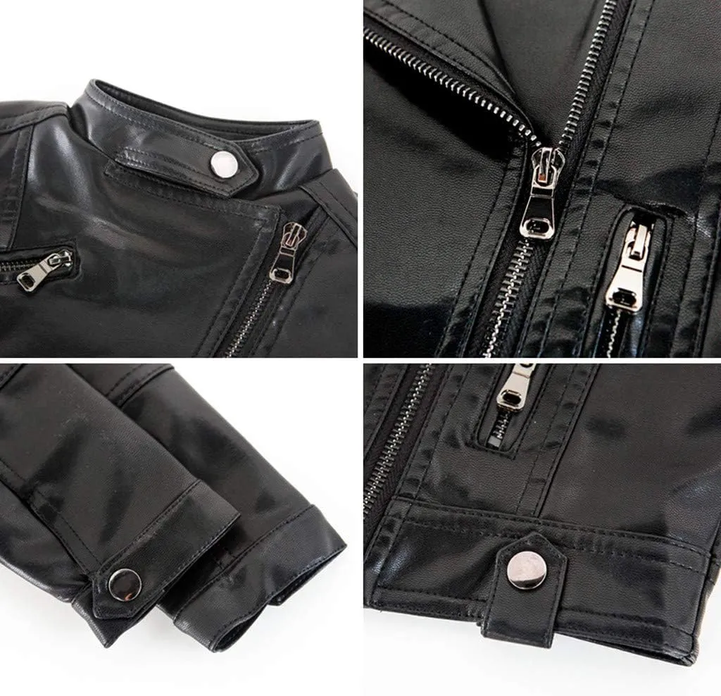 Kids Toddler Baby Boys Girls Faux Leather Jacket Coat Long Sleeve Zip Up Crop Motorcycle Outwear Fall Fashion Clothes
