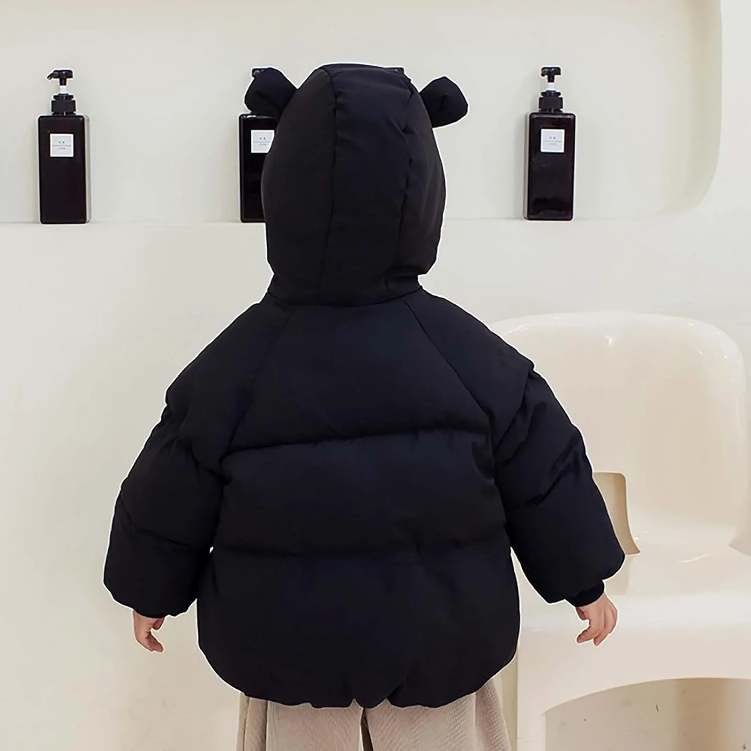 Kids Toddler Girls Boys Winter Warm Padded Thick Solid Cotton Long Sleeve Jacket Coat Ski Jacket with Bear Ear