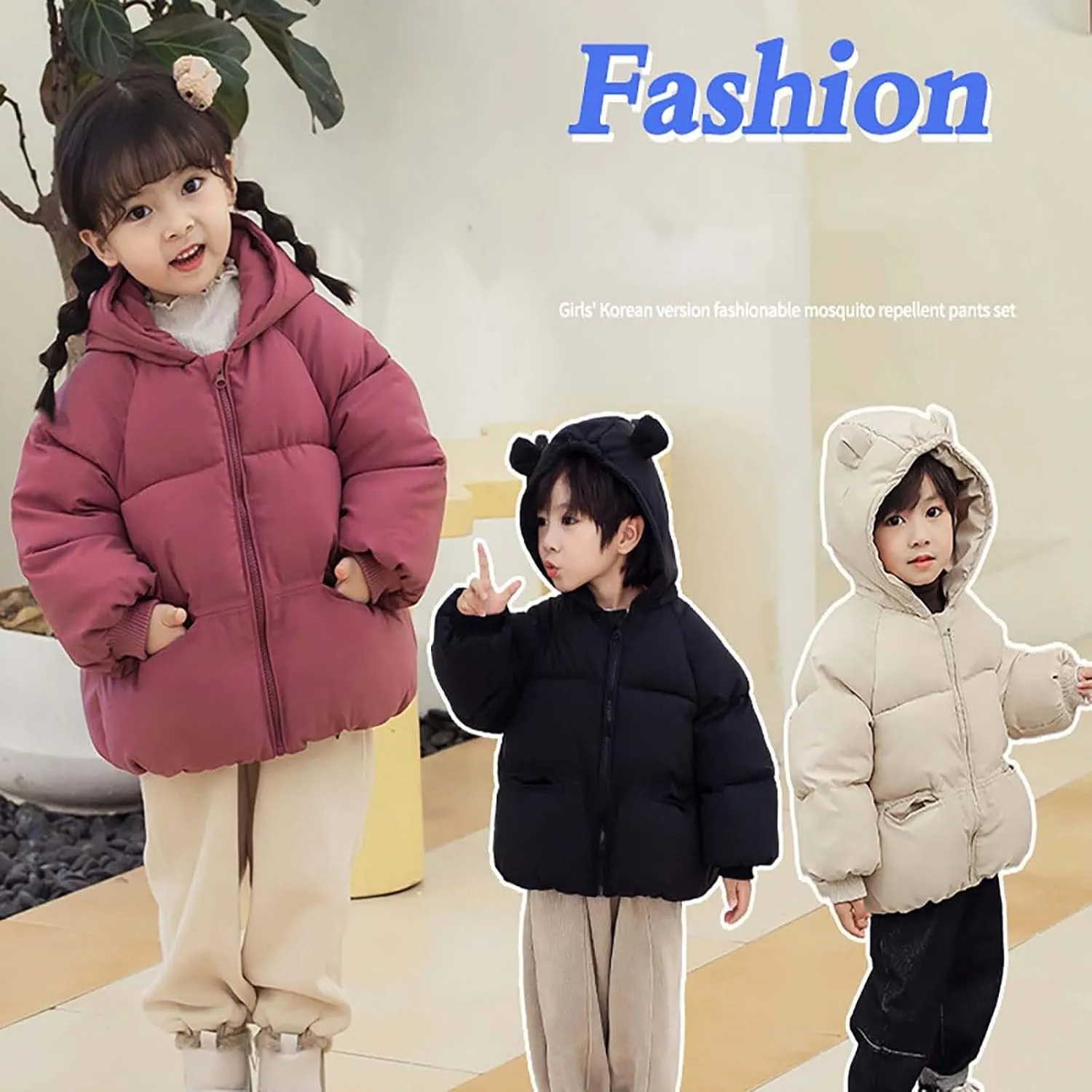 Kids Toddler Girls Boys Winter Warm Padded Thick Solid Cotton Long Sleeve Jacket Coat Ski Jacket with Bear Ear
