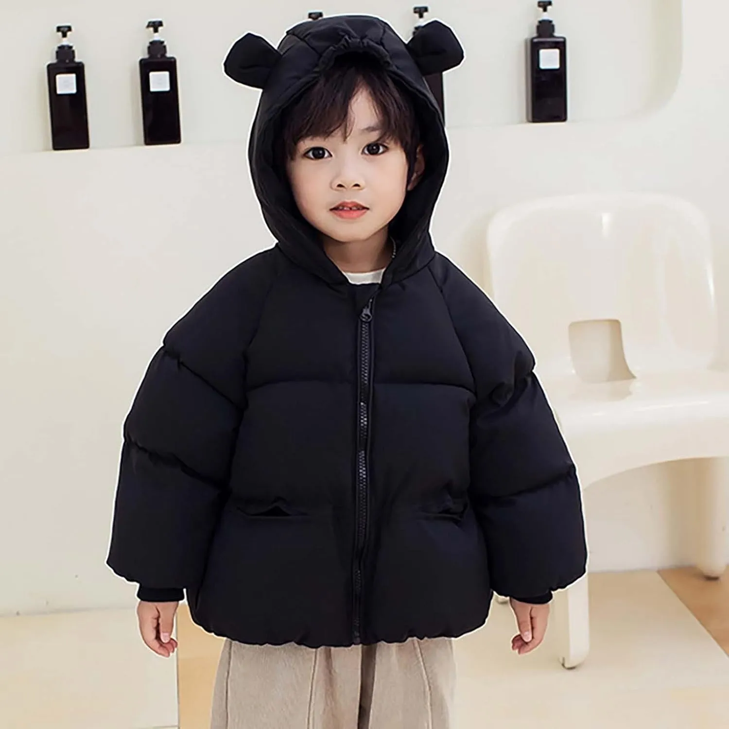 Kids Toddler Girls Boys Winter Warm Padded Thick Solid Cotton Long Sleeve Jacket Coat Ski Jacket with Bear Ear