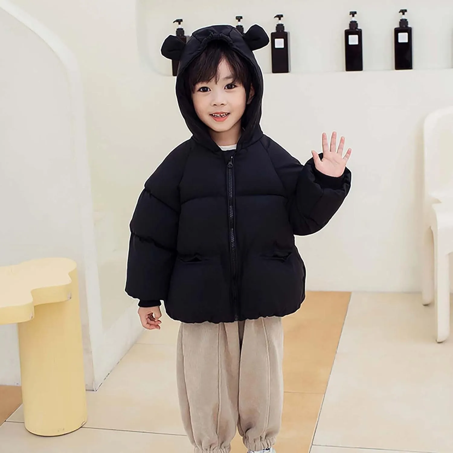 Kids Toddler Girls Boys Winter Warm Padded Thick Solid Cotton Long Sleeve Jacket Coat Ski Jacket with Bear Ear