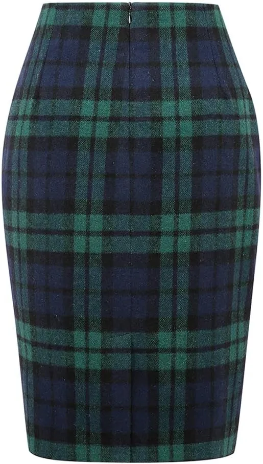 Kinghua Womens Wool Plaid Pencil Skirt Fall Winter High Waisted Slit Bodycon Knee Length Midi Skirt