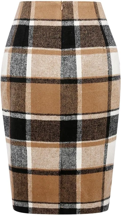 Kinghua Womens Wool Plaid Pencil Skirt Fall Winter High Waisted Slit Bodycon Knee Length Midi Skirt