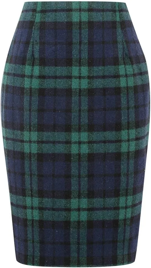 Kinghua Womens Wool Plaid Pencil Skirt Fall Winter High Waisted Slit Bodycon Knee Length Midi Skirt