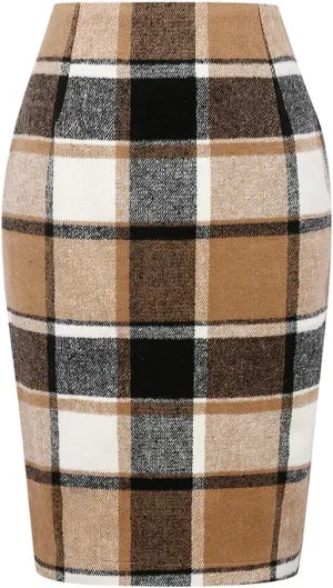 Kinghua Womens Wool Plaid Pencil Skirt Fall Winter High Waisted Slit Bodycon Knee Length Midi Skirt