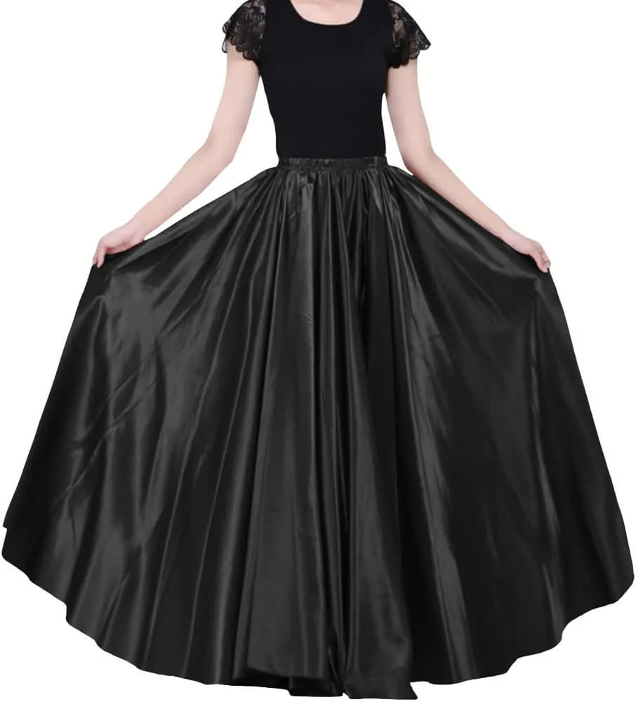 Ladies 90cm Satin Maxi Midi Skirt Long Dress Elastic Waist for Belly Dance Princess Party Cosplay Costume
