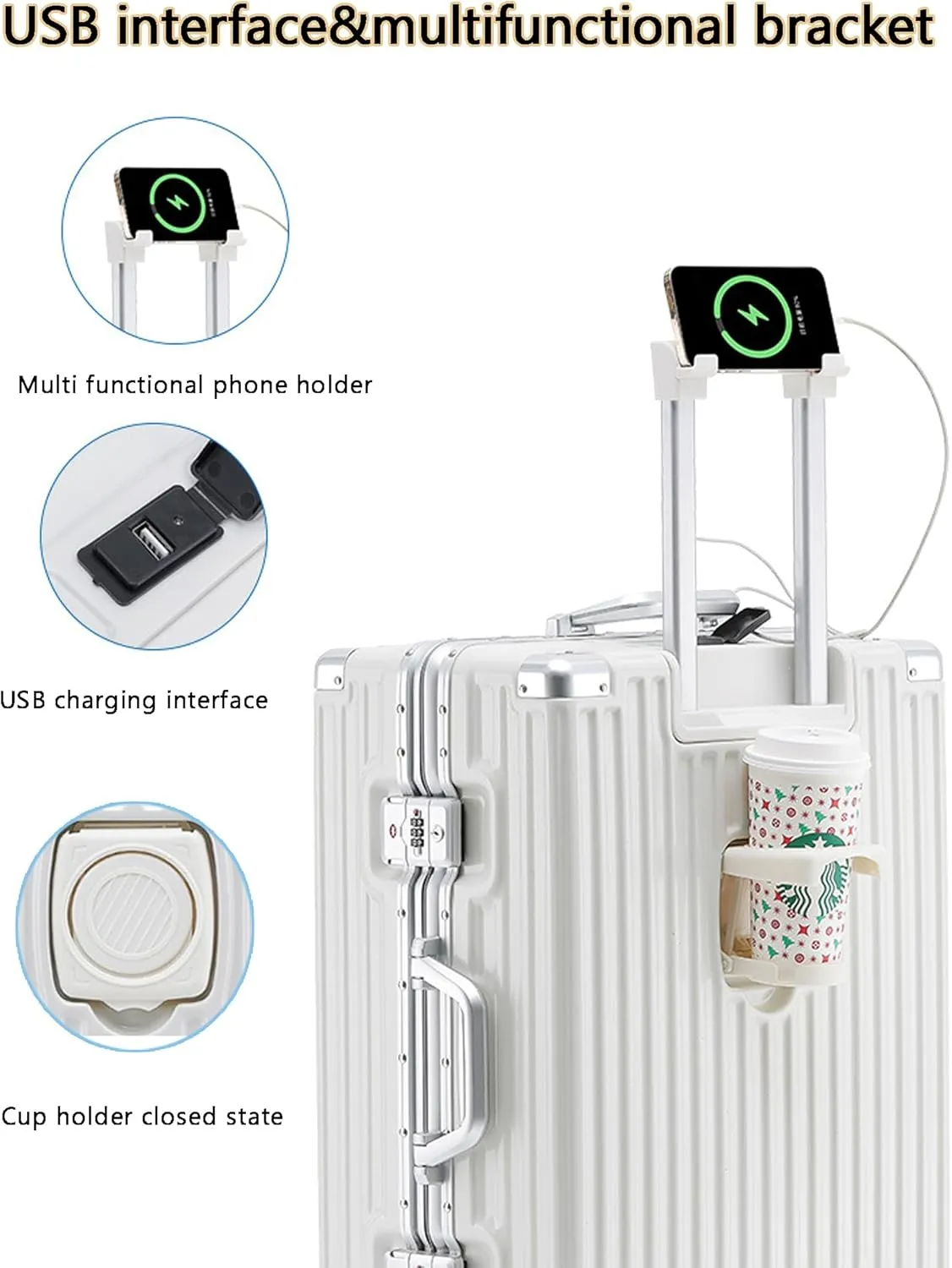 Large Suitcases with Wheels Carry on Luggage Hard Shell Suitcases with USB Charger Cup Holder TSA Password Lock,A,26in