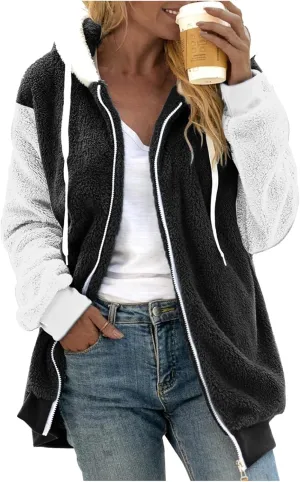 LCMTWX Womens 2023 Winter Fuzzy Fleece Jacket Artificial Wool Zipper Drawstring Solid Oversized Fuzzy Fleece Fluffy Fall