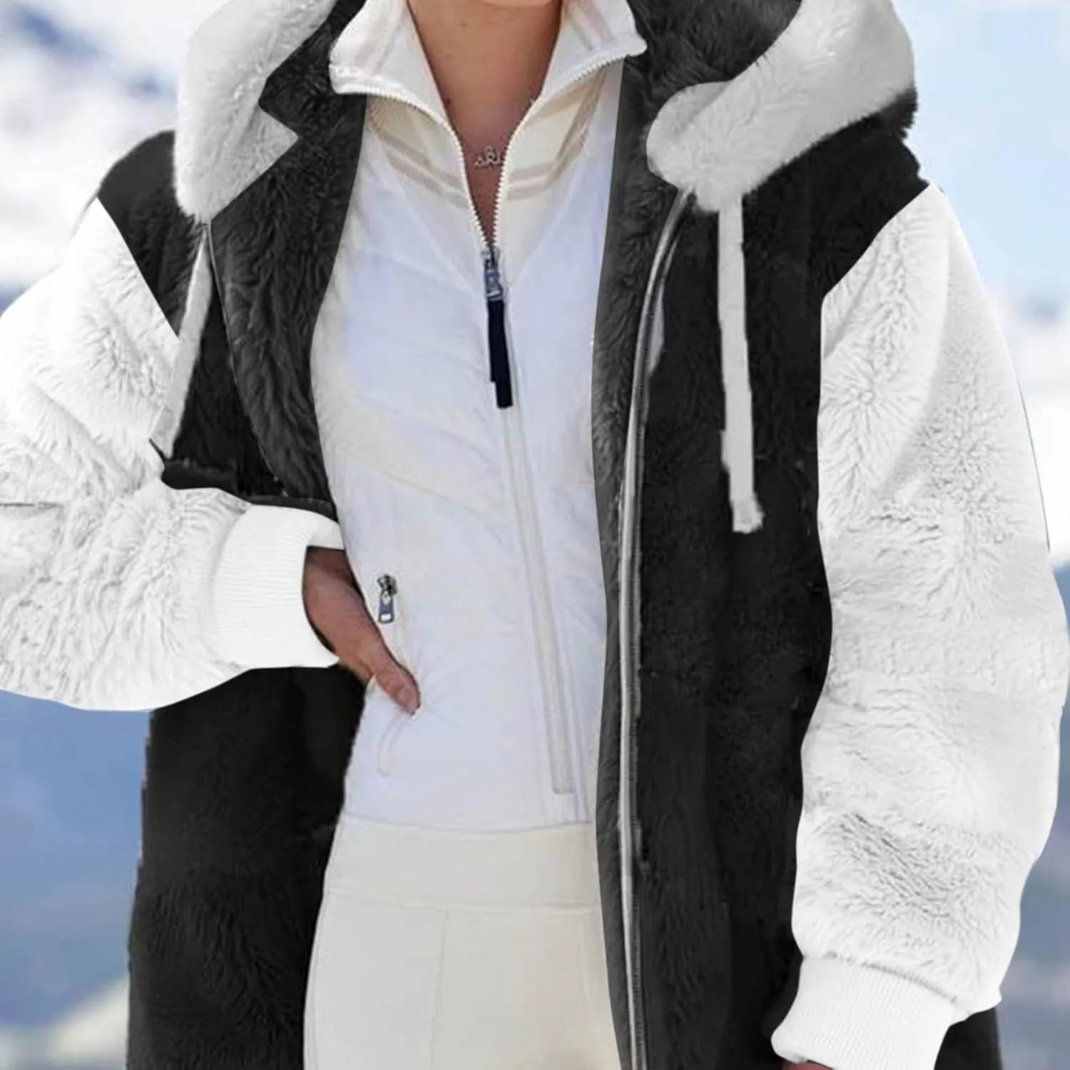 LCMTWX Womens 2023 Winter Fuzzy Fleece Jacket Artificial Wool Zipper Drawstring Solid Oversized Fuzzy Fleece Fluffy Fall