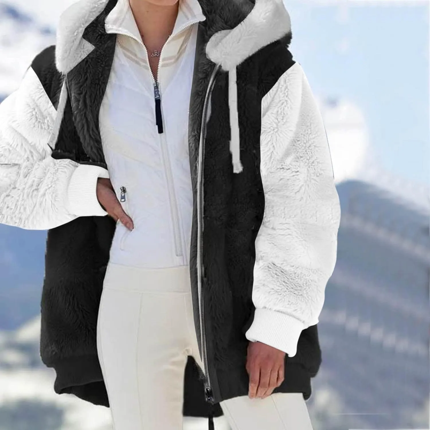 LCMTWX Womens 2023 Winter Fuzzy Fleece Jacket Artificial Wool Zipper Drawstring Solid Oversized Fuzzy Fleece Fluffy Fall