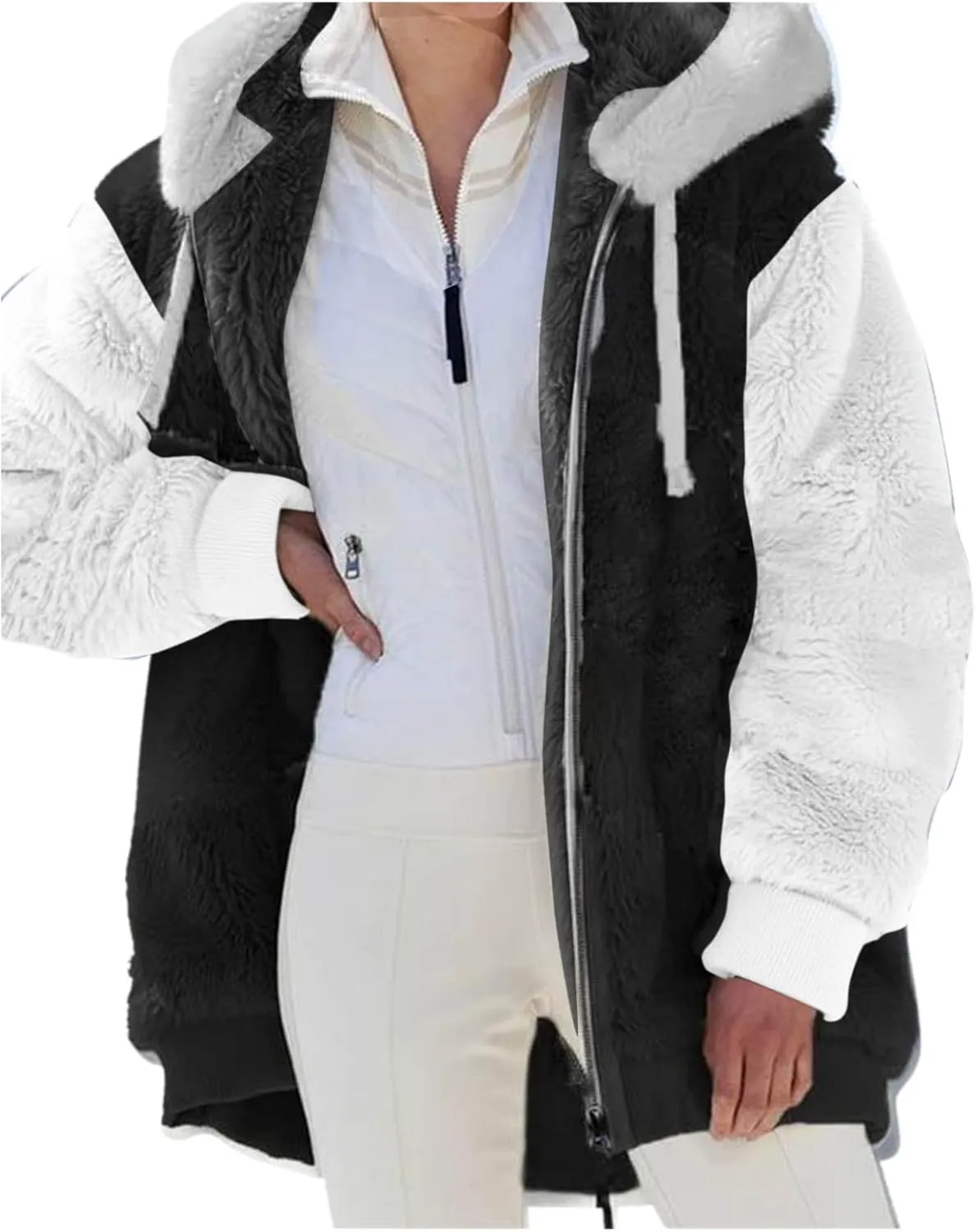 LCMTWX Womens 2023 Winter Fuzzy Fleece Jacket Artificial Wool Zipper Drawstring Solid Oversized Fuzzy Fleece Fluffy Fall