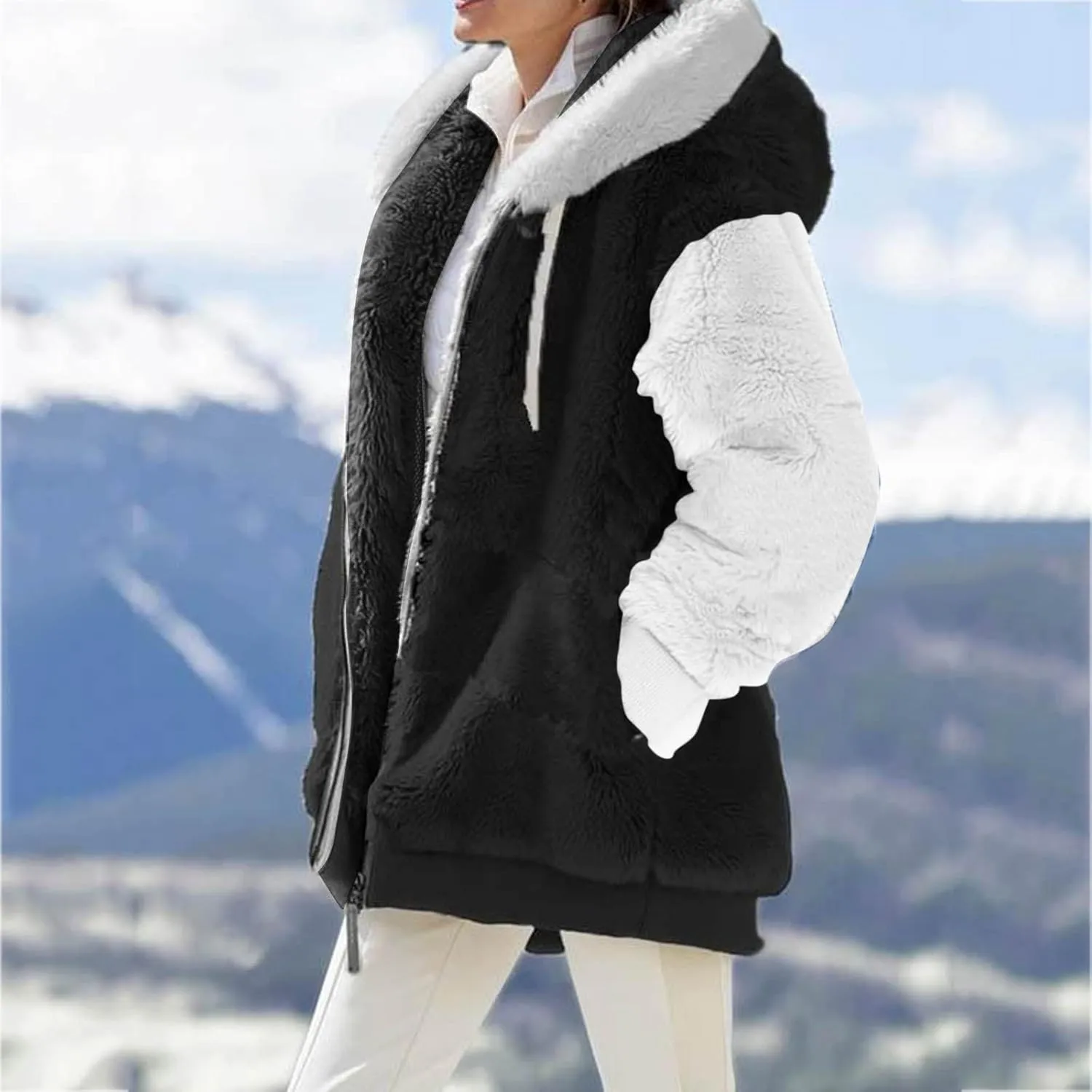 LCMTWX Womens 2023 Winter Fuzzy Fleece Jacket Artificial Wool Zipper Drawstring Solid Oversized Fuzzy Fleece Fluffy Fall