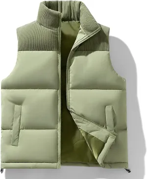 lcziwo Men's Puffer Vest Jacket Corduroy Patchwork Sleeveless Zip up Stand Collar Padded Cotton Coat Warm Winter Outwear