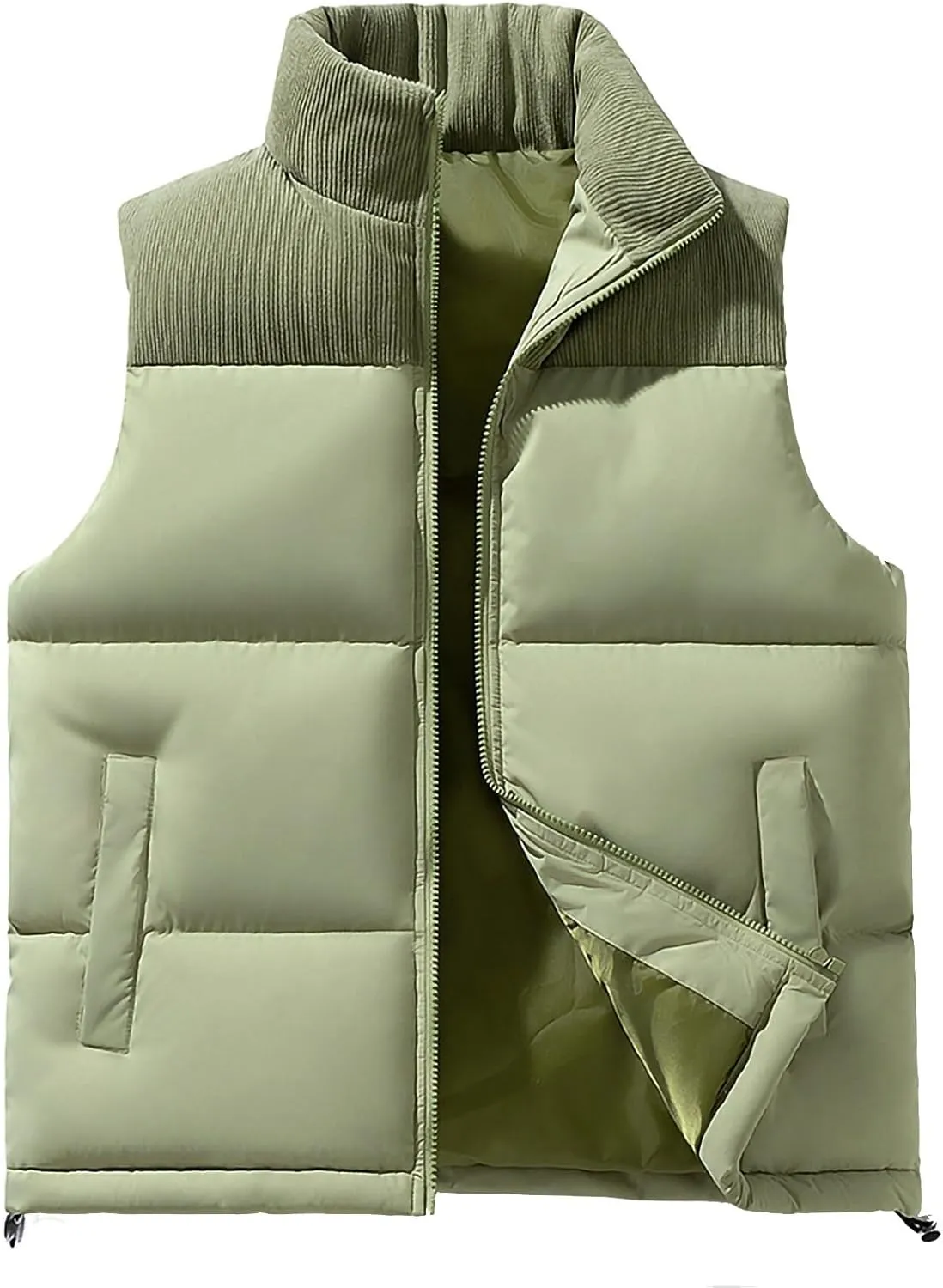 lcziwo Men's Puffer Vest Jacket Corduroy Patchwork Sleeveless Zip up Stand Collar Padded Cotton Coat Warm Winter Outwear