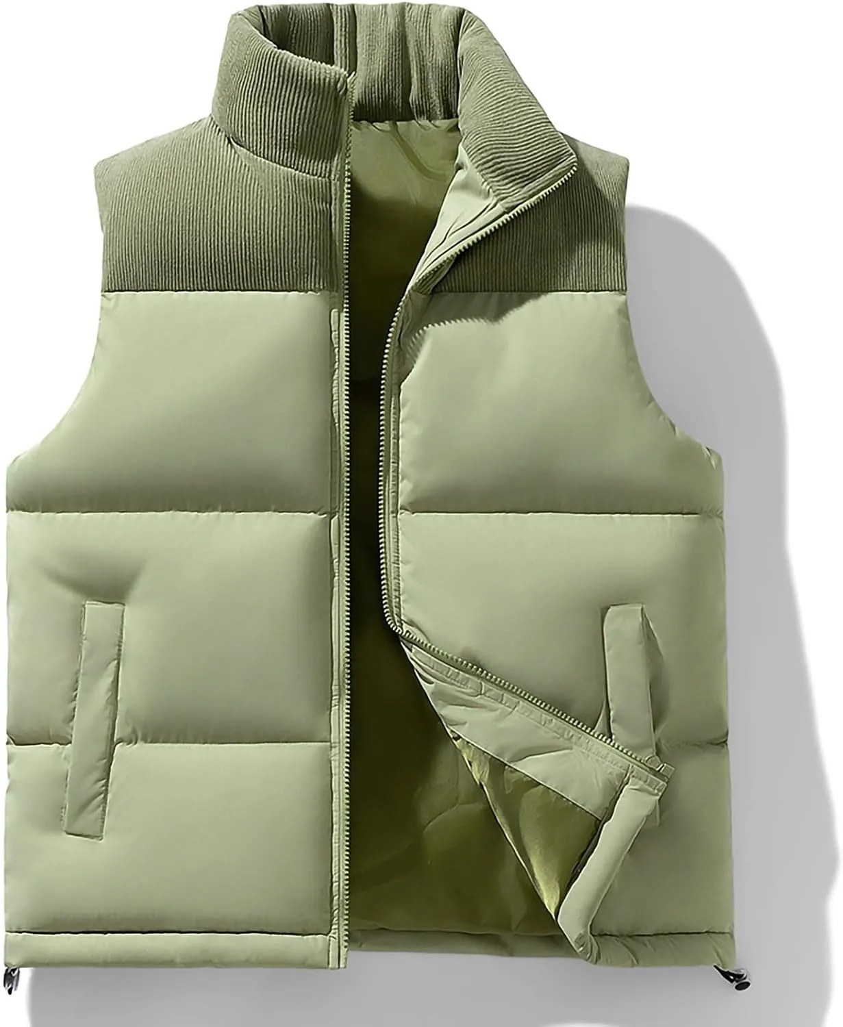 lcziwo Men's Puffer Vest Jacket Corduroy Patchwork Sleeveless Zip up Stand Collar Padded Cotton Coat Warm Winter Outwear