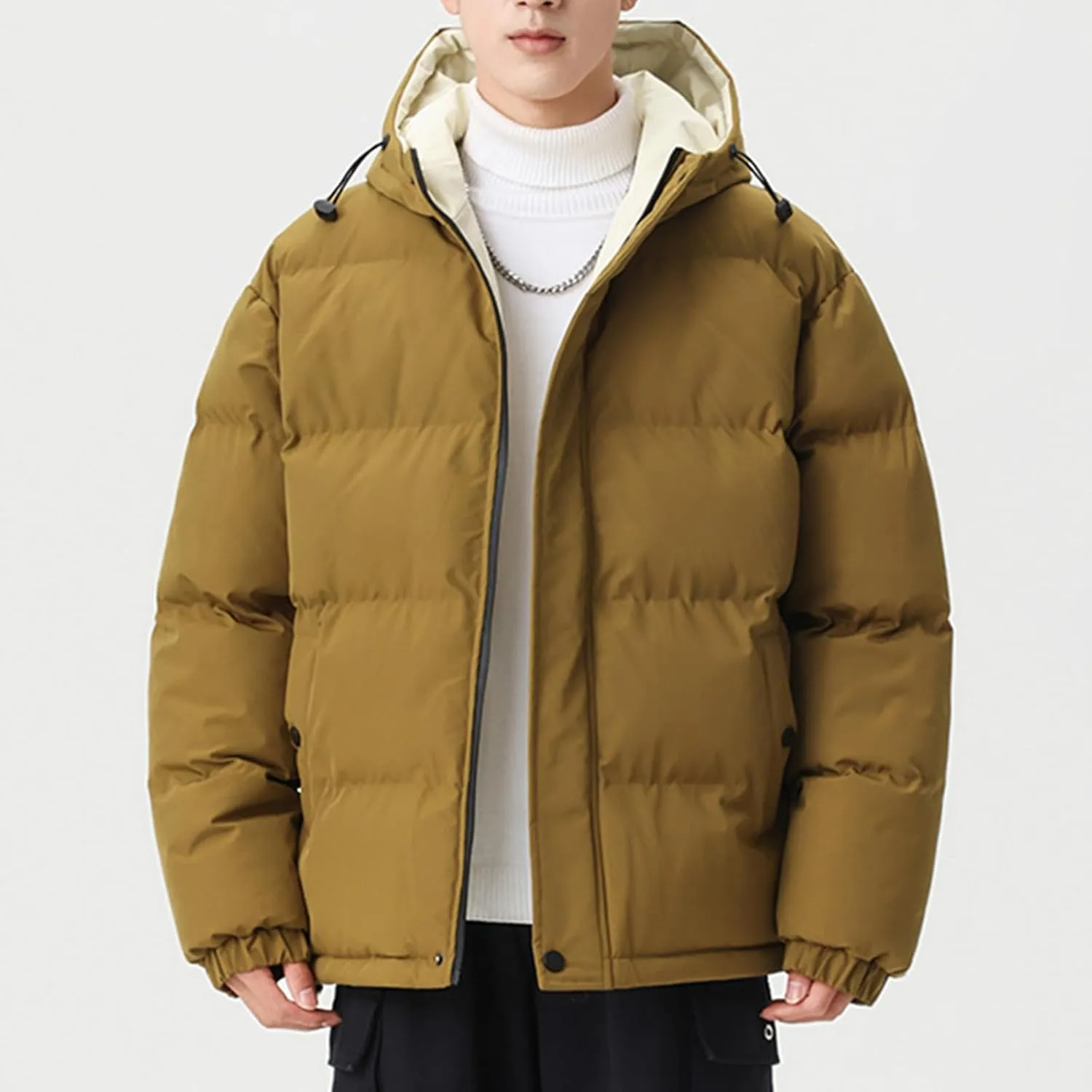 lcziwo Mens Winter Coat Color Block Drawstring Hooded Quilted Puffer Jacket Thick Padded Cotton Warm Parka Outerwear