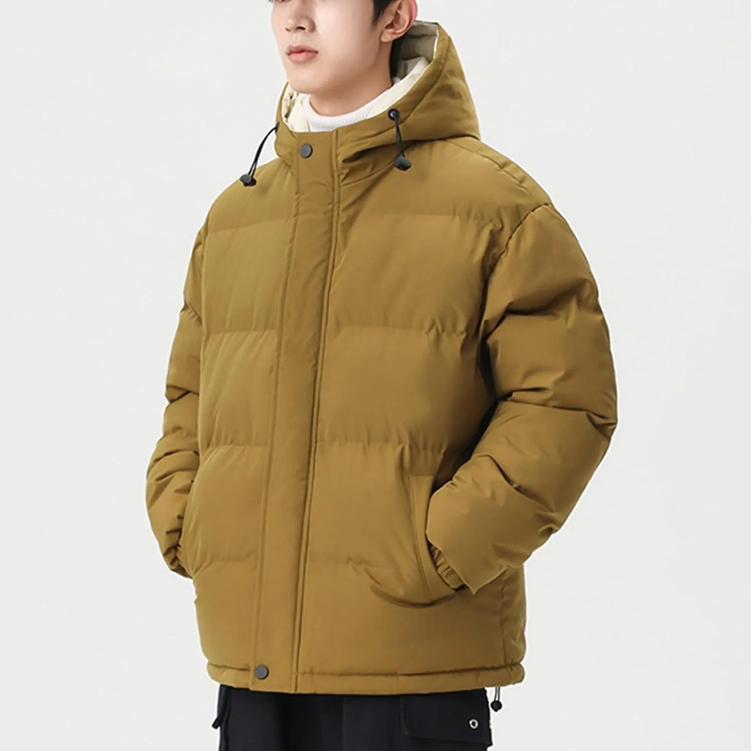 lcziwo Mens Winter Coat Color Block Drawstring Hooded Quilted Puffer Jacket Thick Padded Cotton Warm Parka Outerwear