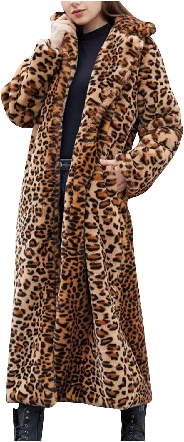 Leopard Print Cardigan for Women Winter Luxury Faux Fur Warm Coats Open Front Long Sleeve Dressy Shaggy Jackets