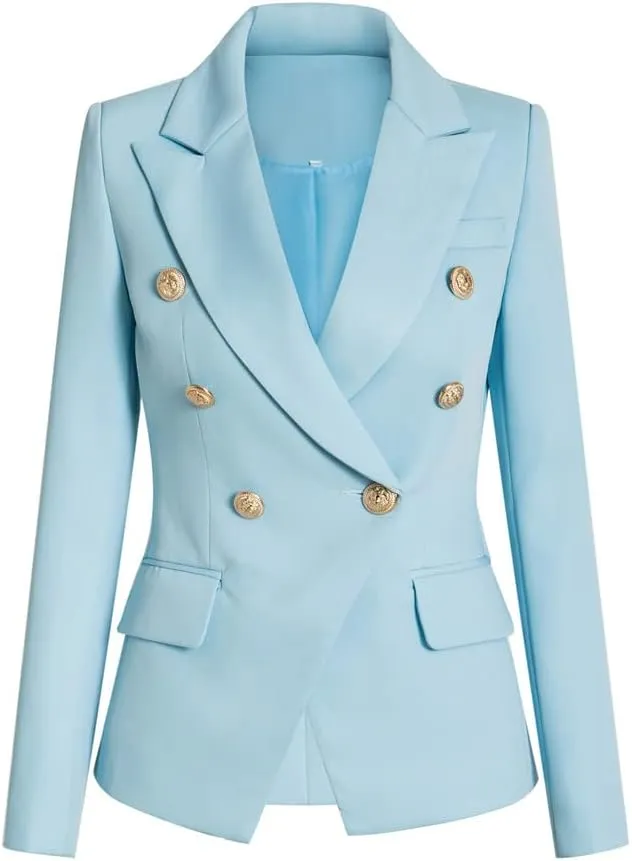 Light Blue Double Breasted Women Slim Blazer