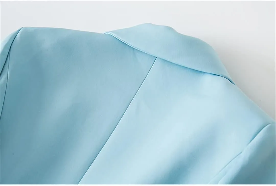 Light Blue Double Breasted Women Slim Blazer
