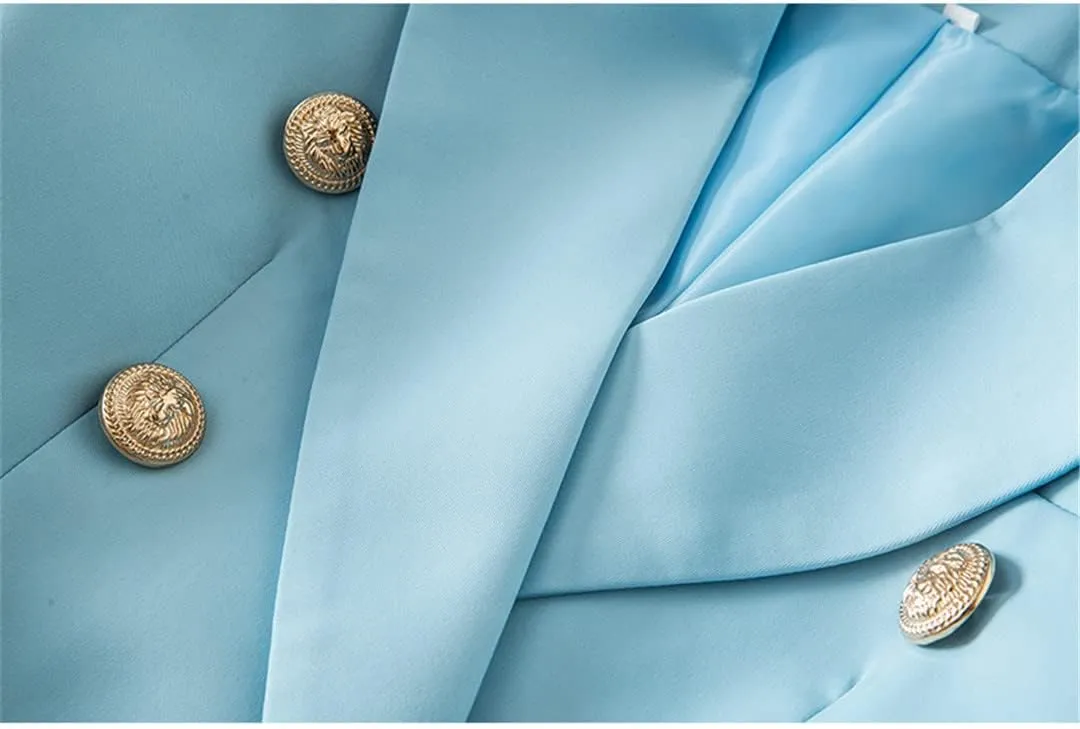 Light Blue Double Breasted Women Slim Blazer