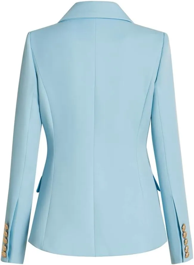 Light Blue Double Breasted Women Slim Blazer