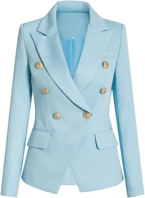 Light Blue Double Breasted Women Slim Blazer