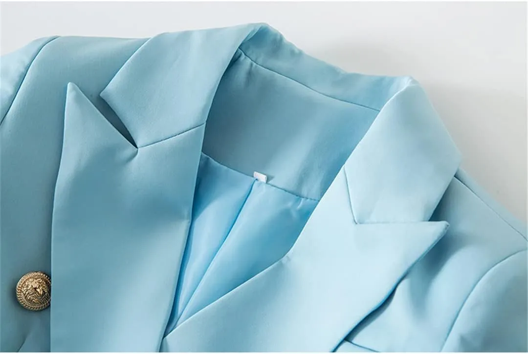 Light Blue Double Breasted Women Slim Blazer