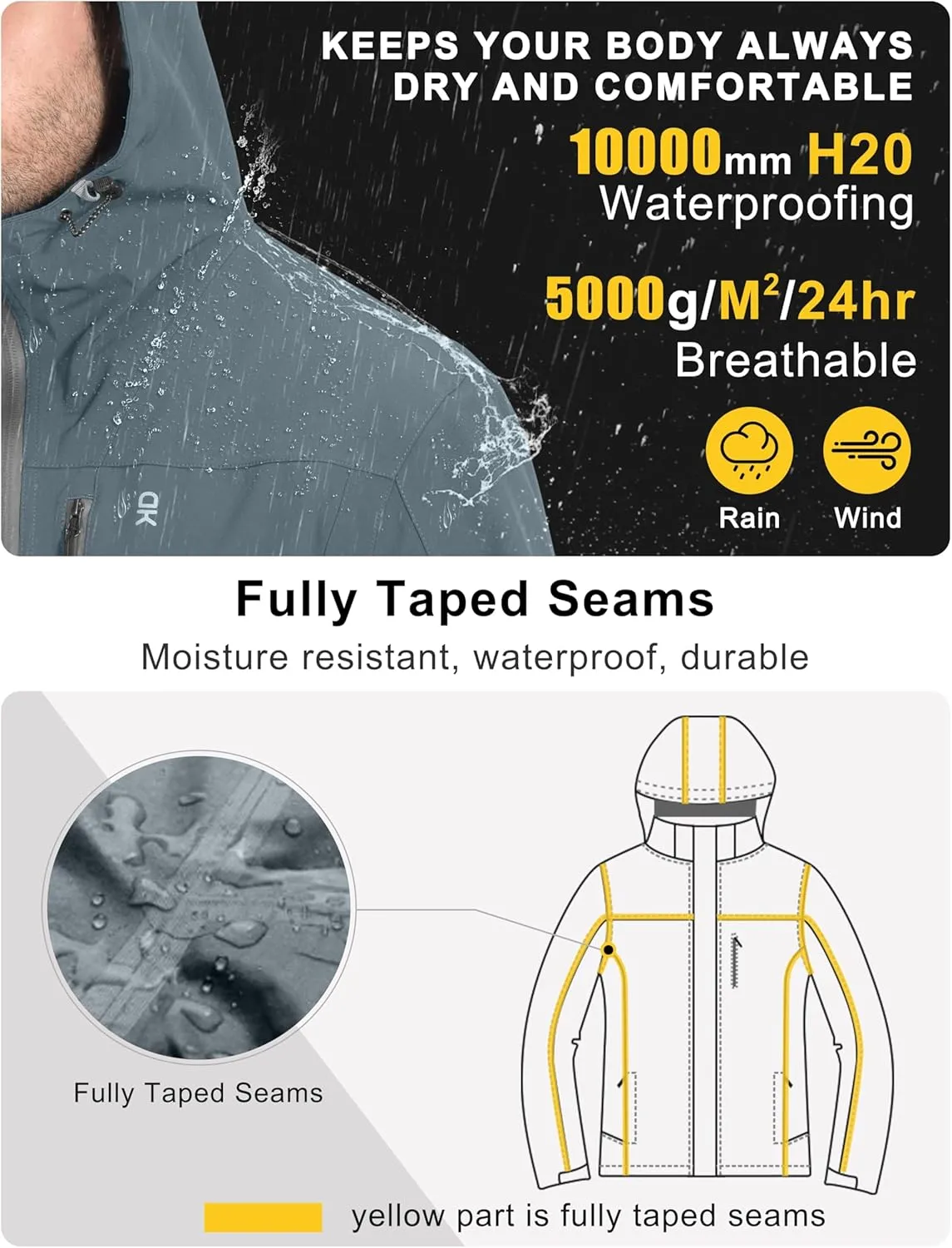 Little Donkey Andy Men's Rain Hiking Jackets Waterproof Windproof Breathable Shell Coats Travel Fishing