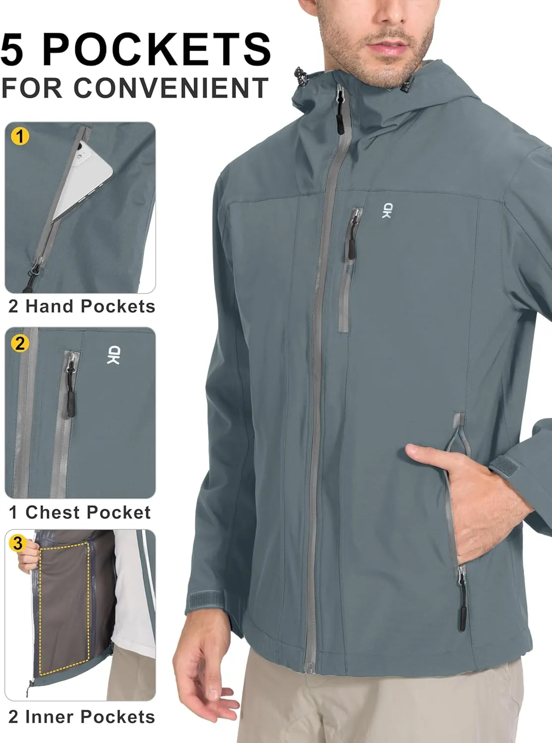 Little Donkey Andy Men's Rain Hiking Jackets Waterproof Windproof Breathable Shell Coats Travel Fishing