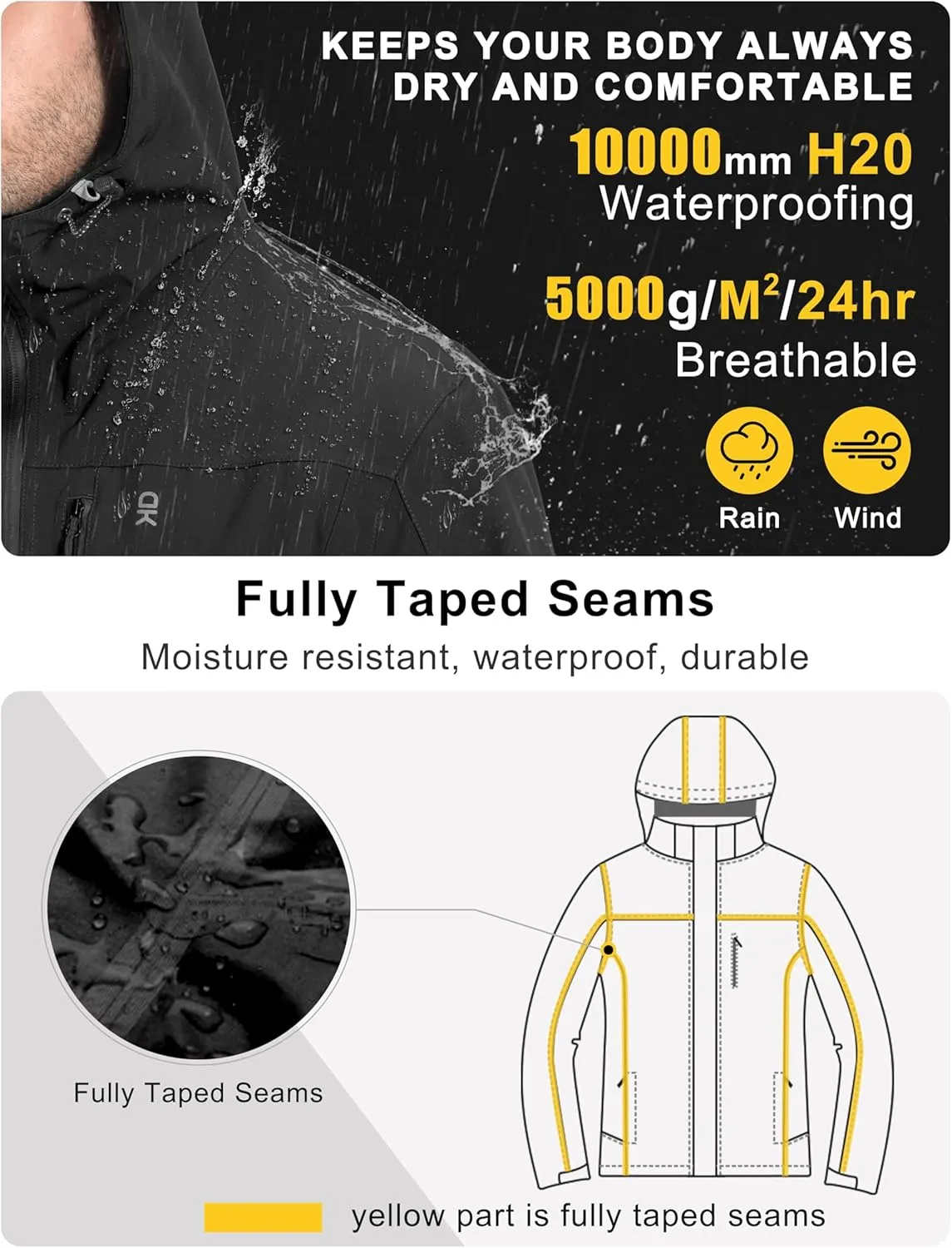 Little Donkey Andy Men's Rain Hiking Jackets Waterproof Windproof Breathable Shell Coats Travel Fishing