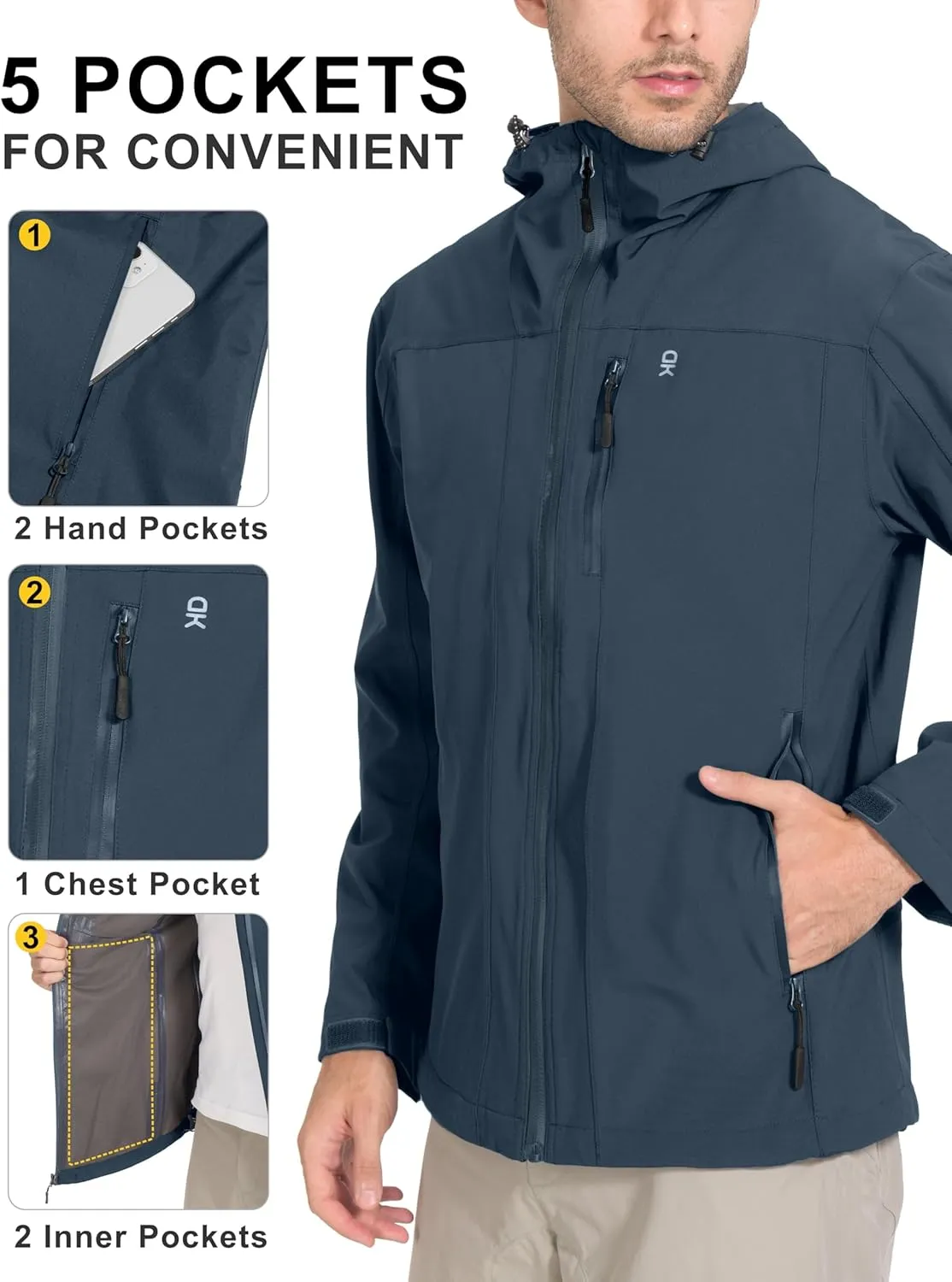Little Donkey Andy Men's Rain Hiking Jackets Waterproof Windproof Breathable Shell Coats Travel Fishing