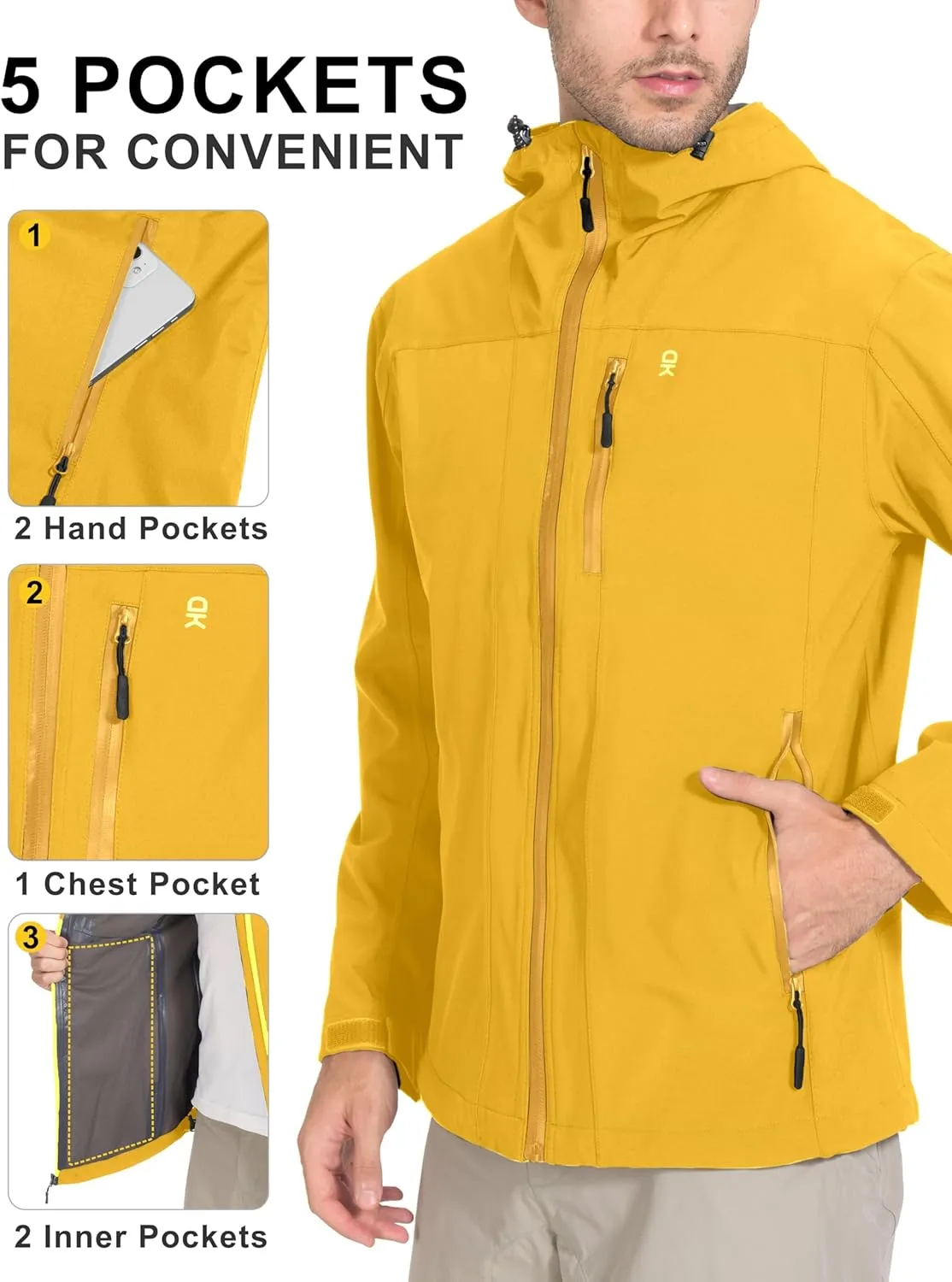 Little Donkey Andy Men's Rain Hiking Jackets Waterproof Windproof Breathable Shell Coats Travel Fishing