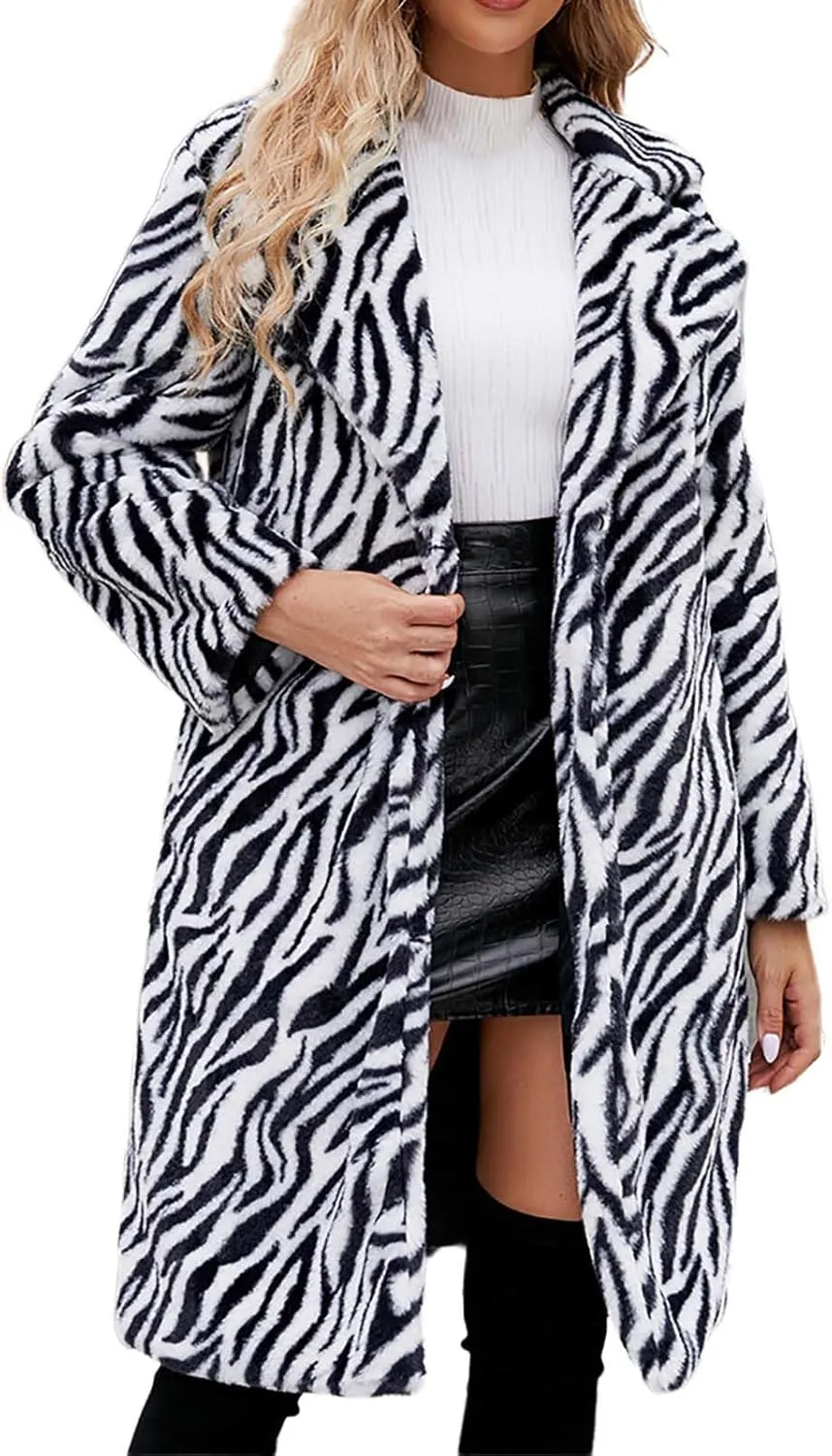Lmdudan 2023 Winter Faux Fur Coat for Women Leopard Print Fleece Long Jacket Retro Lapel Warm Overcoat Plus Size Trench Coats