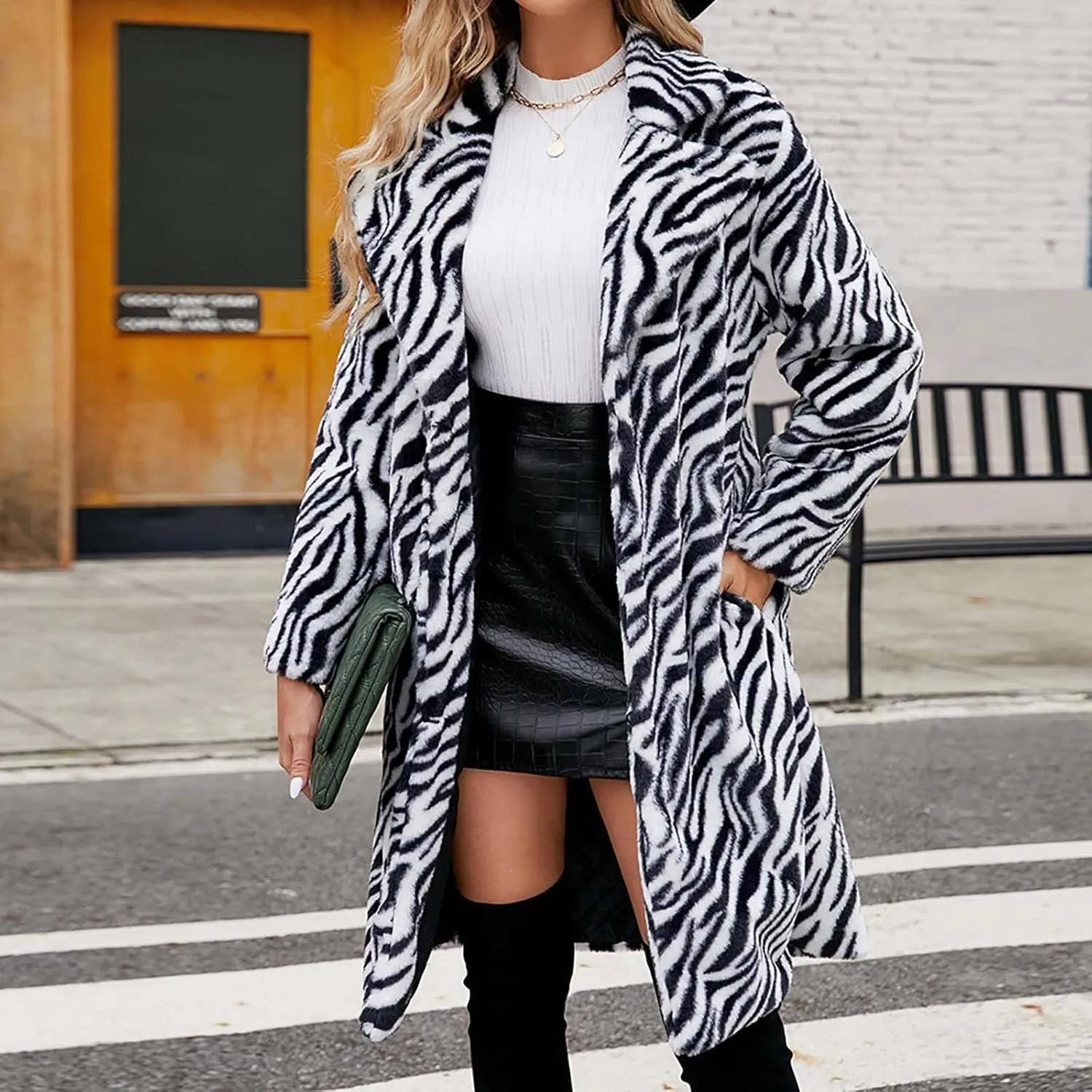 Lmdudan 2023 Winter Faux Fur Coat for Women Leopard Print Fleece Long Jacket Retro Lapel Warm Overcoat Plus Size Trench Coats