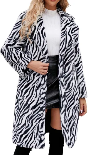 Lmdudan 2023 Winter Faux Fur Coat for Women Leopard Print Fleece Long Jacket Retro Lapel Warm Overcoat Plus Size Trench Coats