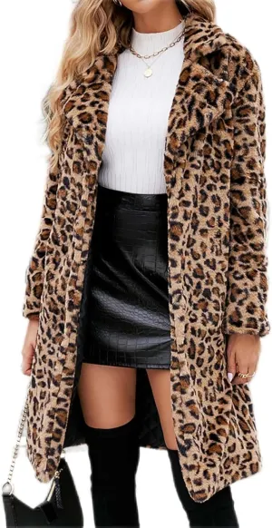 Lmdudan Womens 2024 Winter Faux Fur Coat Leopard Print Fleece Long Jacket Retro Lapel Warm Overcoat Plus Size Trench Coats